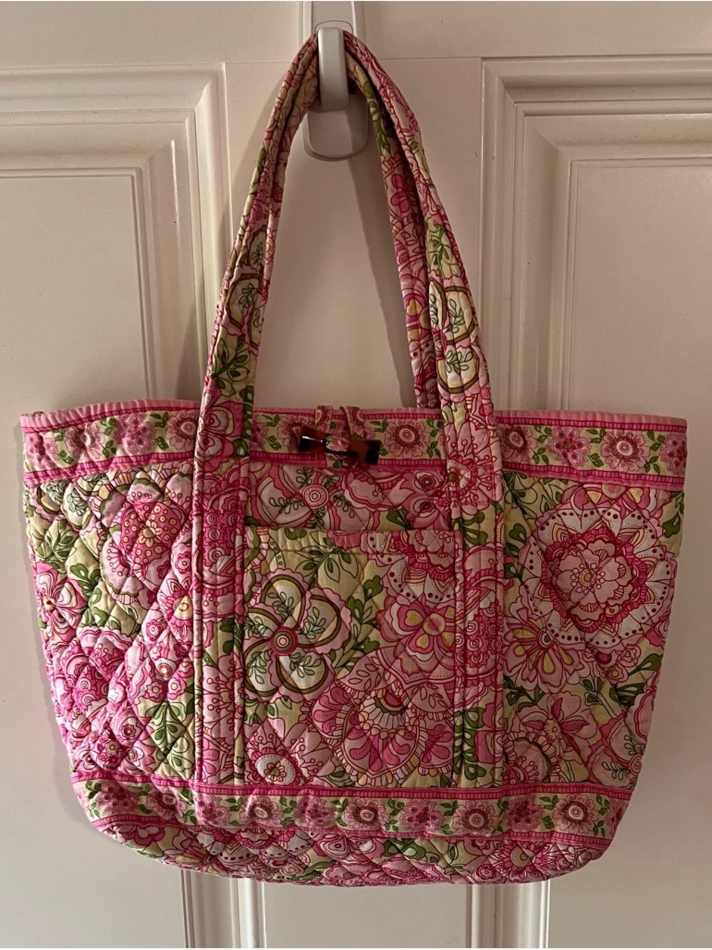 Vera Bradley Pink and Green Quilted Floral Tote with Toggle Accent